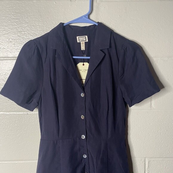 Mo Vint New York Black Shirt Dress XS Short Sleeve Anthropologie Linen Blue - Picture 1 of 11